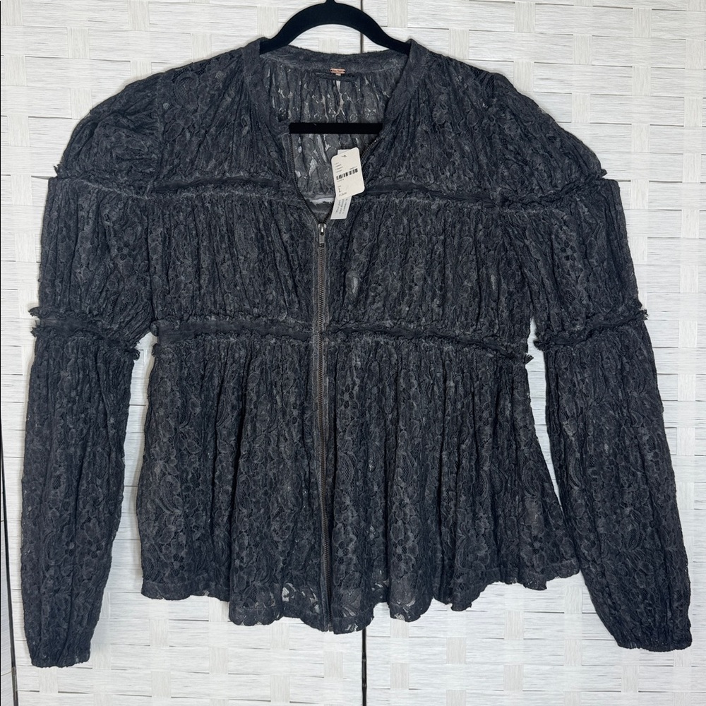 Free People Charcoal Grey Lace Zip Up Tiered Long Sleeve‎ Peplum Top Size Large